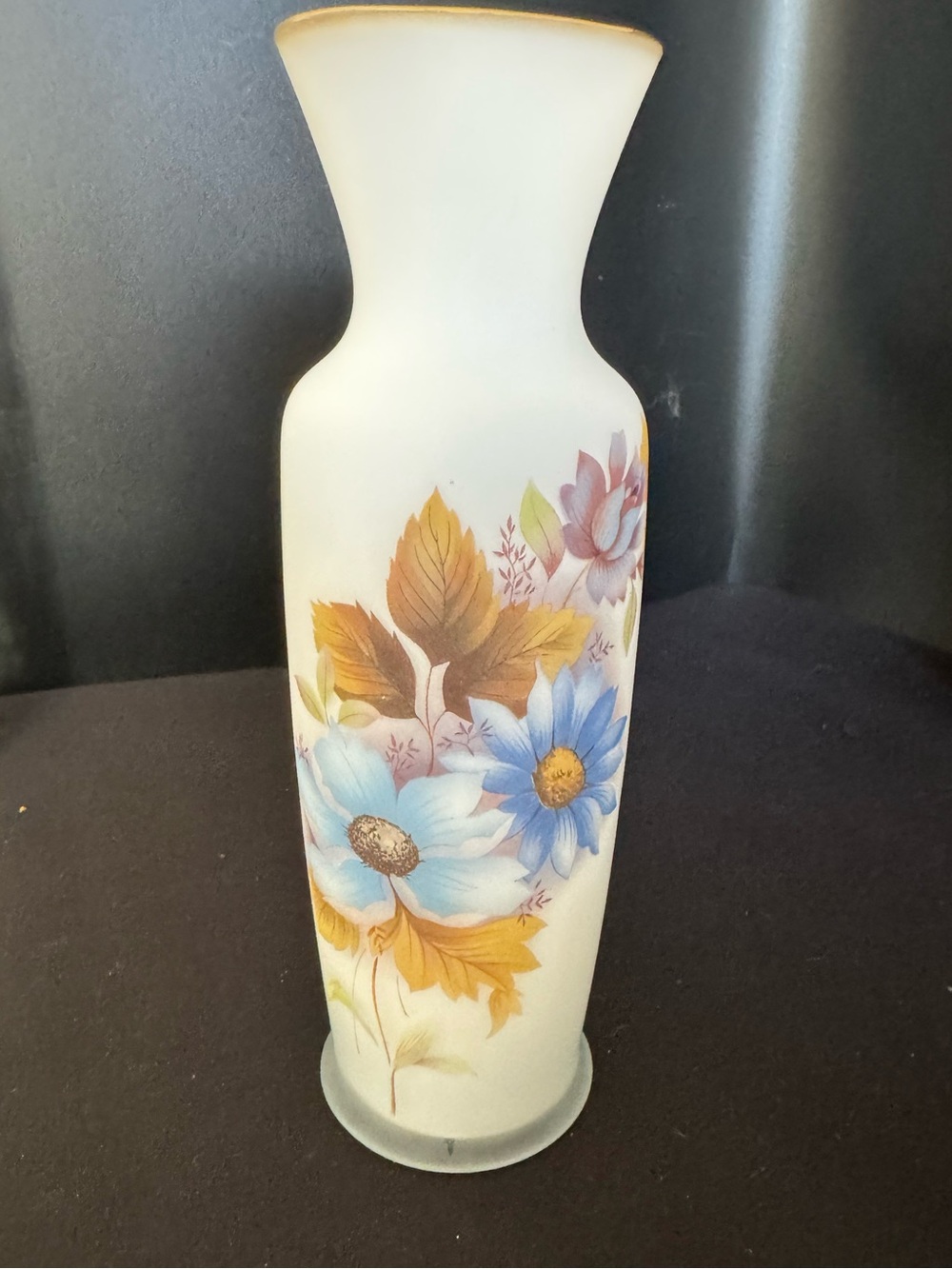 Vintage Satin Frost Floral Glass Vase - White with Blue & Gold Accents